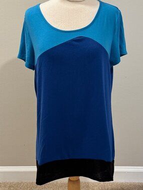 Women's size Large Massini Blue & Black Short Sleeved Tunic Shirt